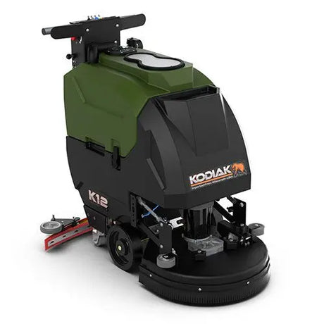 Green and black industrial floor scrubber. Make: Kodiak. Model: K12.