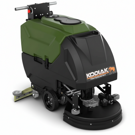 Green and black industrial floor scrubber. Make: Kodiak. Model: K16.