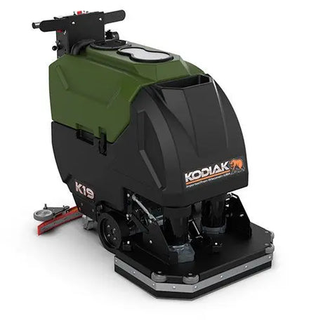 Green and black industrial floor scrubber. Make: Kodiak. Model: K19.