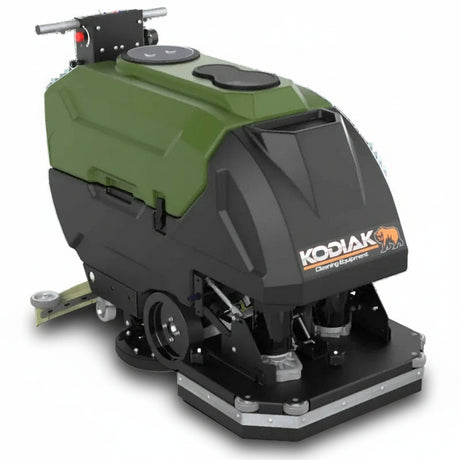 Green and black industrial floor scrubber. Make: Kodiak. Model: K25.