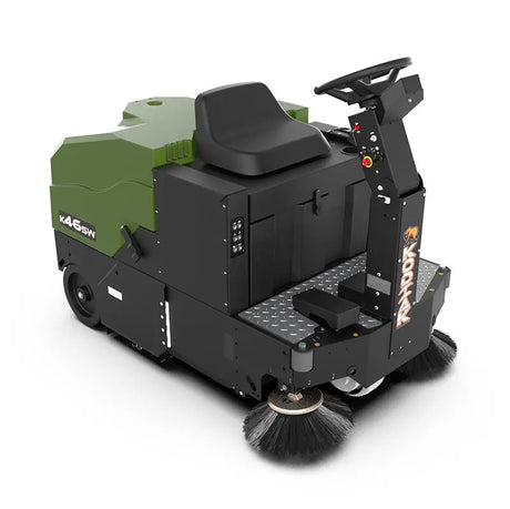 Green and black industrial floor scrubber. Make: Kodiak. Model: K45SW.
